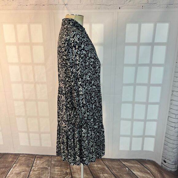 J. Crew Black White Floral Accordian Long Sleeve Half Button Shirt Dress Small - Picture 7 of 13